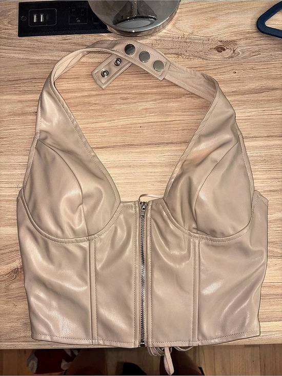 Tops - Faux Leather Zip Front Crop Top in Beige